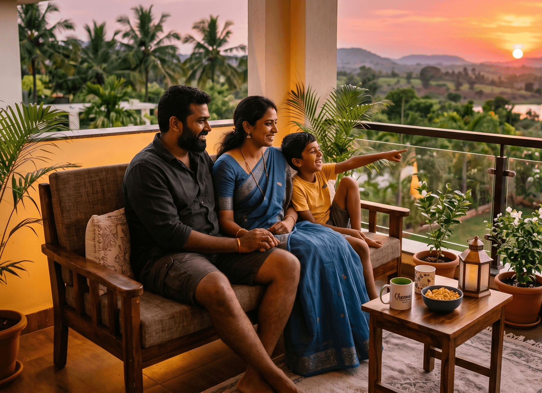 A family on a balcony at Mahalakshmi Nagar, looking out over the layout at sunset