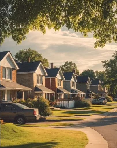 A settled residential street at golden hour — homes set back behind lawns, mature trees arching over the road
