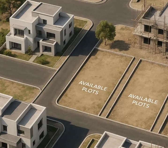 Aerial view of a VHG plotted layout — marked plots either side of a black-topped avenue, with completed homes on the adjoining street